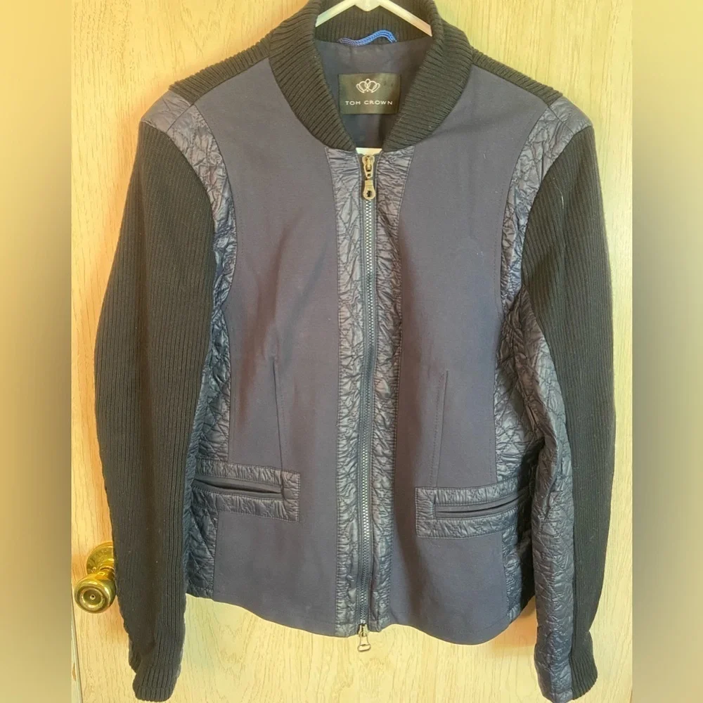 TOM CROWN by Marcona Navy Blue Quilted Knit Zip Front Jacket Sz US 12 42 Germany